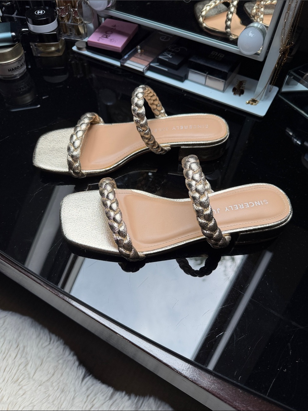 Sincerly Jules Braided Double-Strap Slide Sandals - Metallic Gold